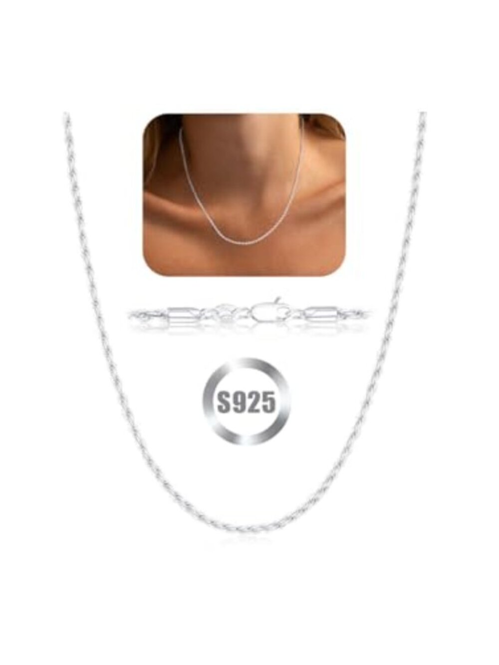 925 Sterling Silver Rope Chain Necklace Non Tarnish Women's Jewelry